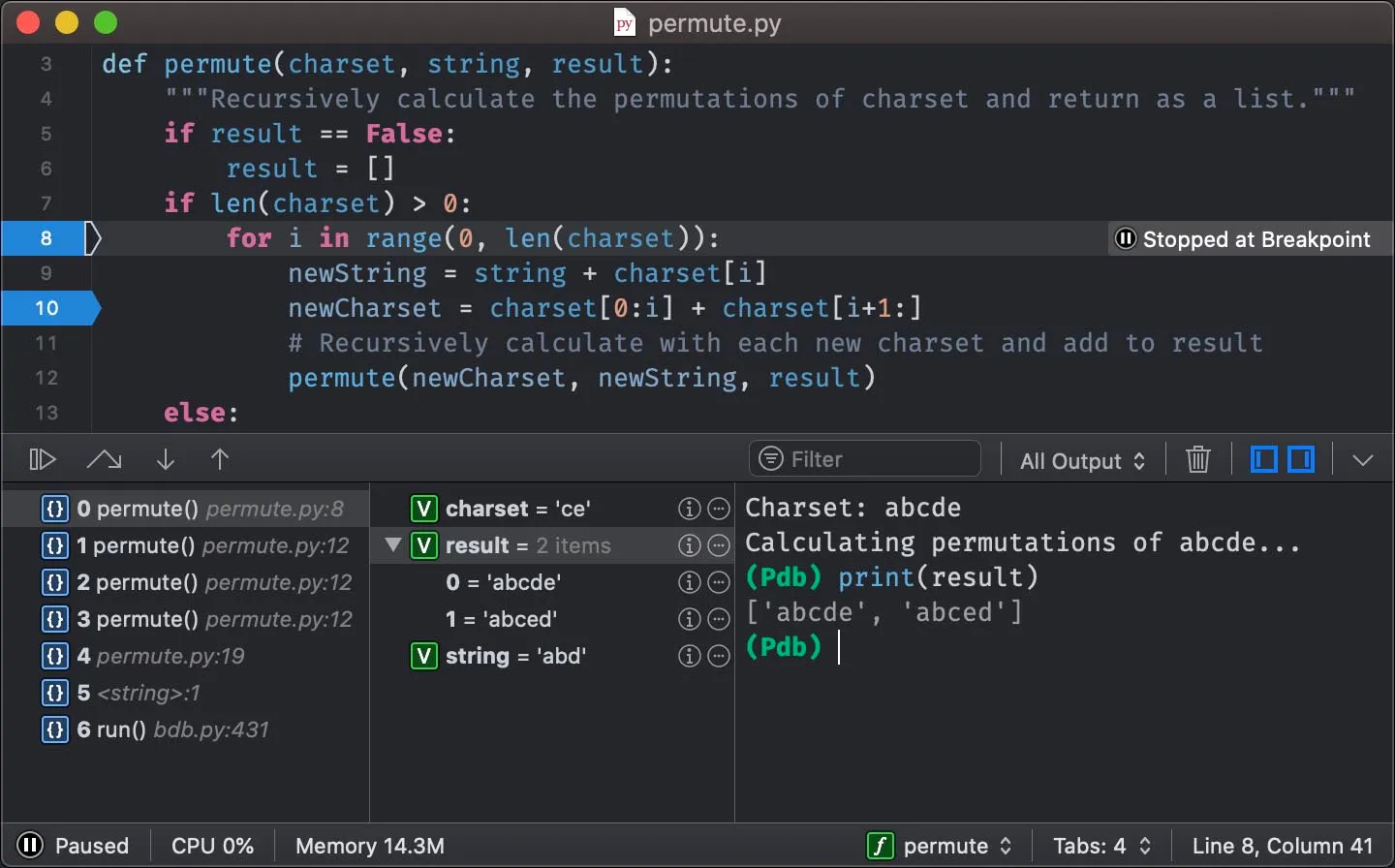 Coderunner debugging screenshot