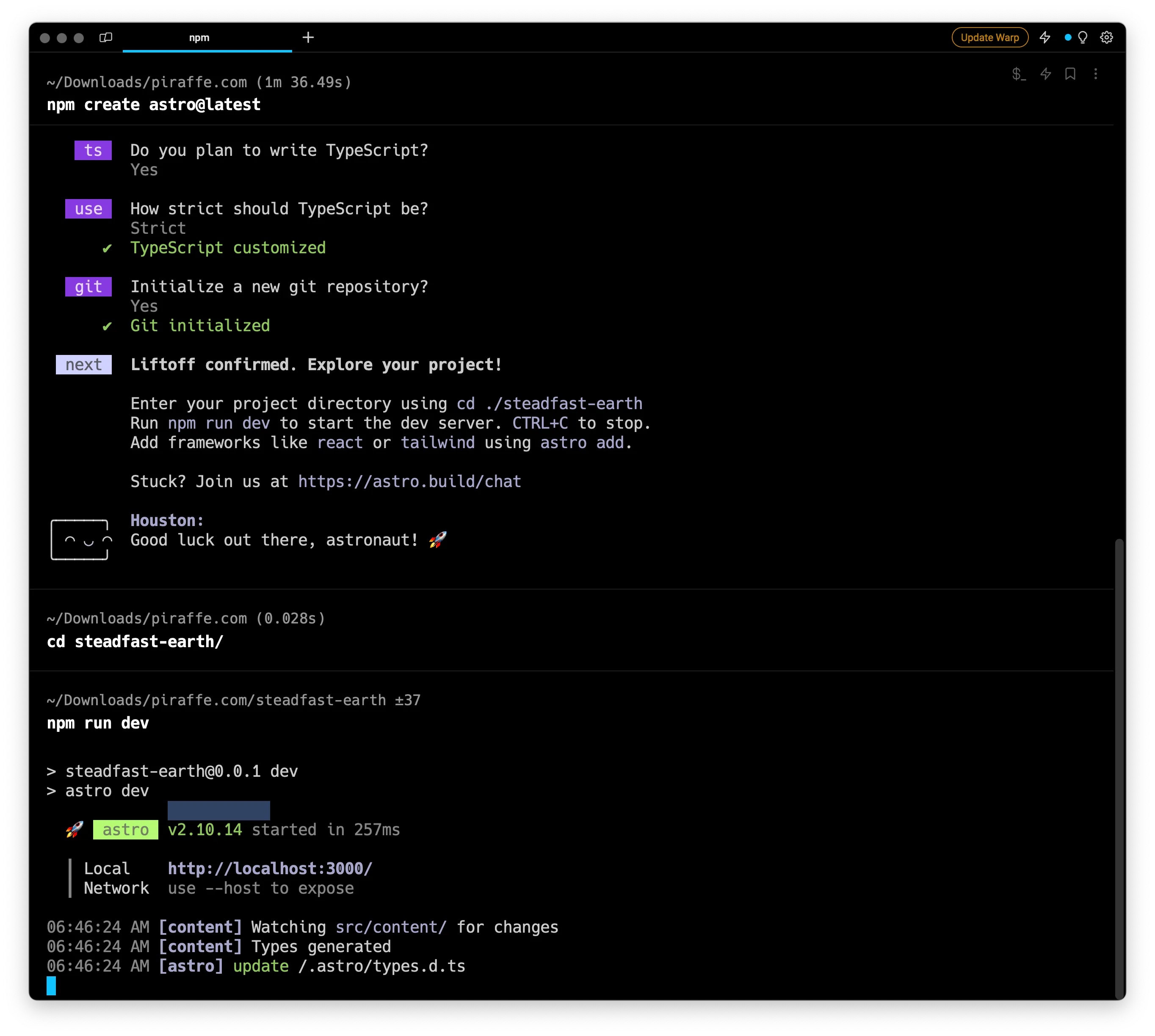 Screenshot of npm run dev installation guide of Astro build